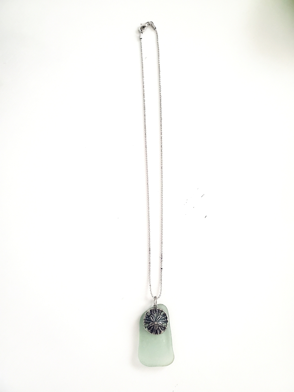 Sea Glass Pendant Necklace with Silver Medallion - Mint Green